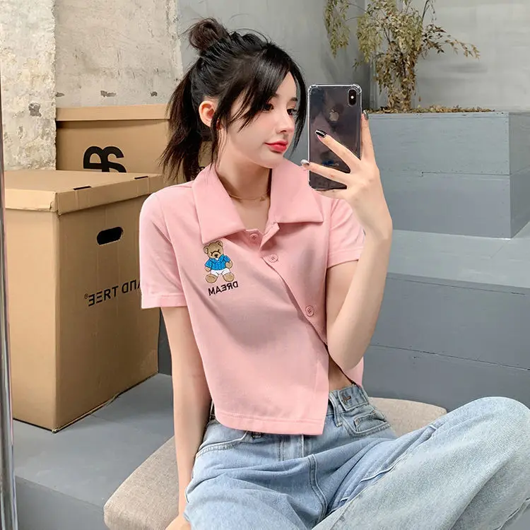 

Cotton summer Korean style 2021 new design irregular embroidered letter collar short sleeve T-shirt women's jacket