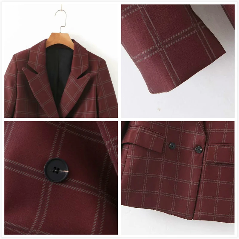 Осенне зимний винтажный клетчатый блейзер для женщин модные двубортные костюмы