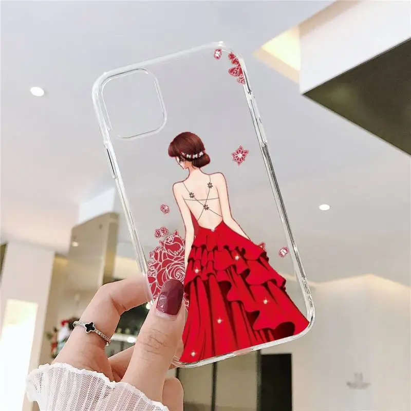 

Fashion red dress girl marry couple Phone Case Transparent Clear for iPhone 11 12 mini pro XS MAX 8 7 6 6S Plus X 5S SE XR 2020