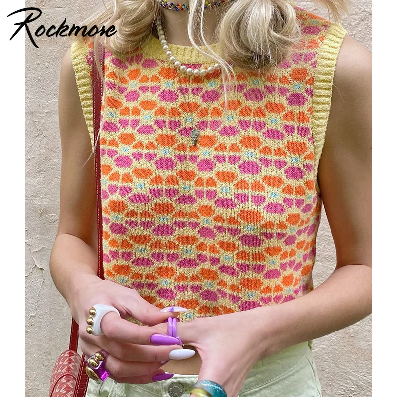 Rockmore эстетика цветочный вязаный укороченный Топ свитер жилет милый топ без
