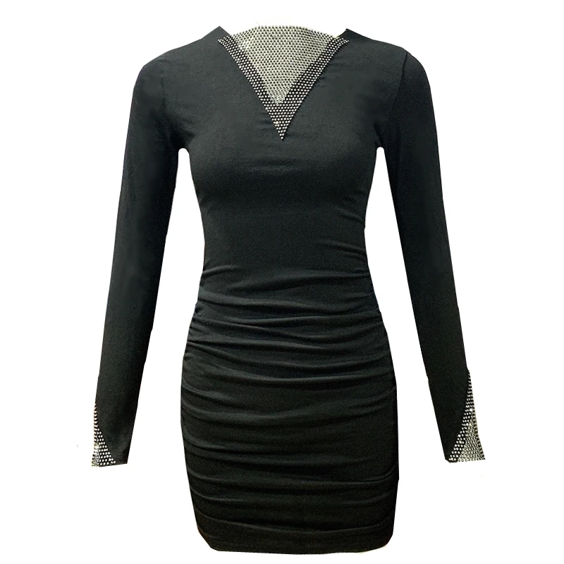 

Long Sexy Dress Slim fit Party 2020 New long-sleeved Fashion stitching bottom Mesh dresses bodycon Black bandage dress 307i