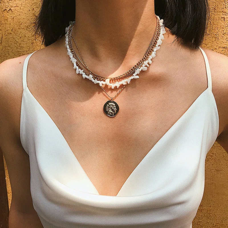 

Punk Vintage Layered Portrait Coin Pendan Necklace Set Chunky Thick Cuban Link Chains Choker Necklaces For Women Jewlery