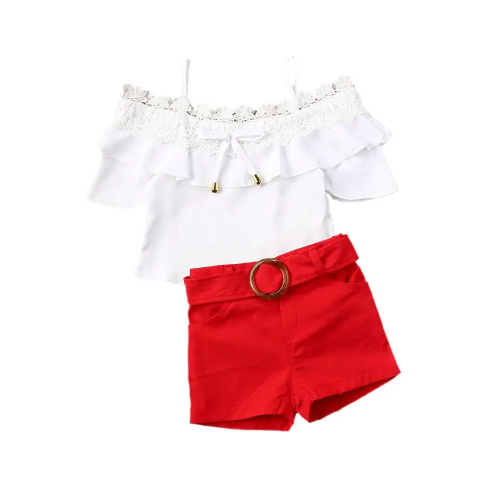 

2020 Baby Summer Clothing 2Pcs Toddler Kid Baby Girl Clothes Strap Top Lace Shirt Shorts Lace Off Shoulder Outfit Set 6M-5T