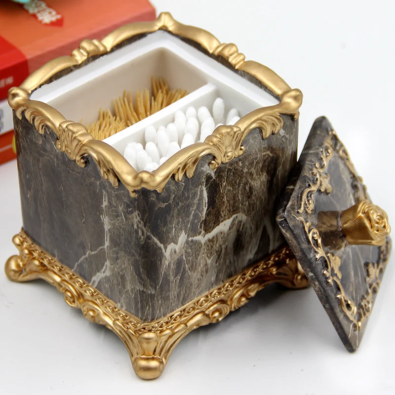 European Style Emboss Resin Toothpick Box Cotton Swab Box Home Desktop Toothpick and Cotton Swab Storage Supplies