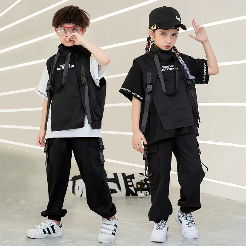 

Black Kid Hip Hop Clothing T Shirt Top Tactical Cargo Pants Sleeveless Jacket Vest Girls Boys Jazz Dance Costume Clothes Wear