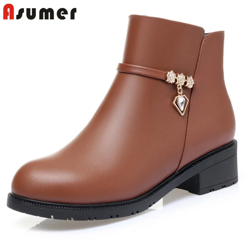 

Asumer Mom Shoes 2022 Newest Genuine Leather Shoes Women Wool Snow Boots Crystal Zip Low Heels Warm Winter Ankle Boots Women