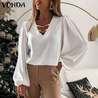 women elegant office blouse 2021 vonda fashion long lantern sleeve sexy v neck blouse casual solid chain top blusas