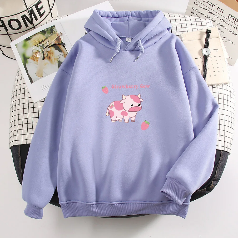 

Kawaii Strawberry Cow Print Hooded Long-sleeved Slim-fit Spring And Autumn Pullover Sweatshirt Sweater Jacket