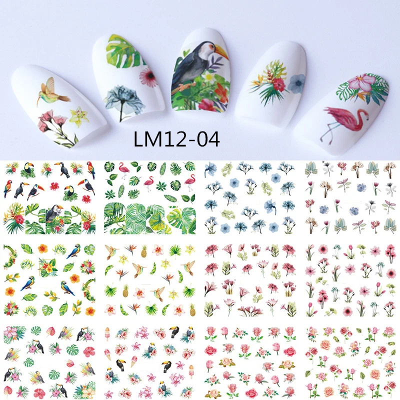 LM12-04 12 Designs Watermark Nail Art Decoration Water Decals Flower Flamingo Bird Rose Sticker Manicure Sliders Adhesive Tip BN913-924 - Color: LM12-04
