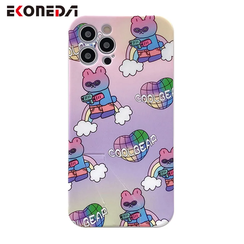 

EKONEDA Cartoon Cool Bear Case For iPhone 11 12 Pro XS Max XR X 7 8 Plus Case Silicone Phone Holder Stand Protective Soft Cover
