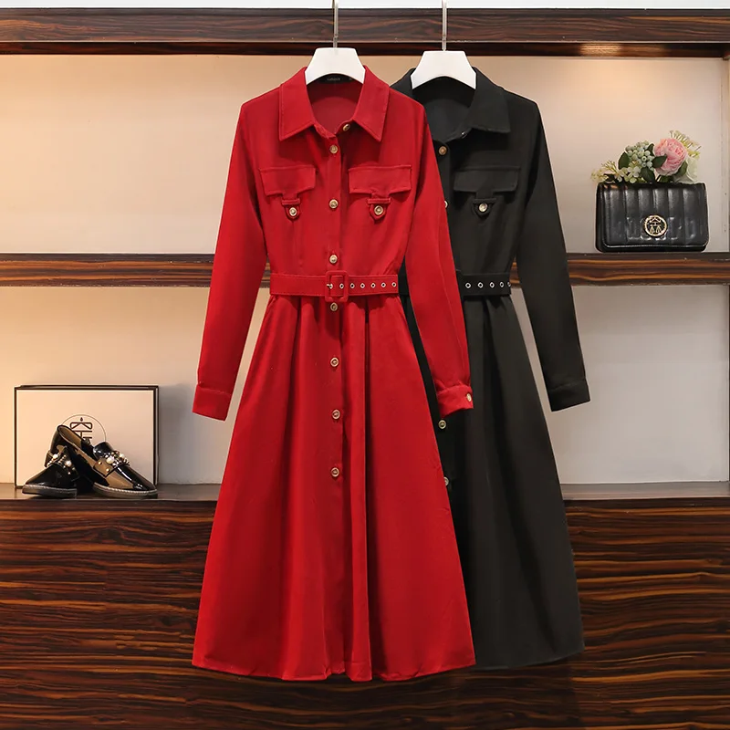 

Woman Long Shirt Dress Slim Korean Clothing 2021 Autumn red Black Oversized with Belt Turn Down Collar Dresses Casual Vestido