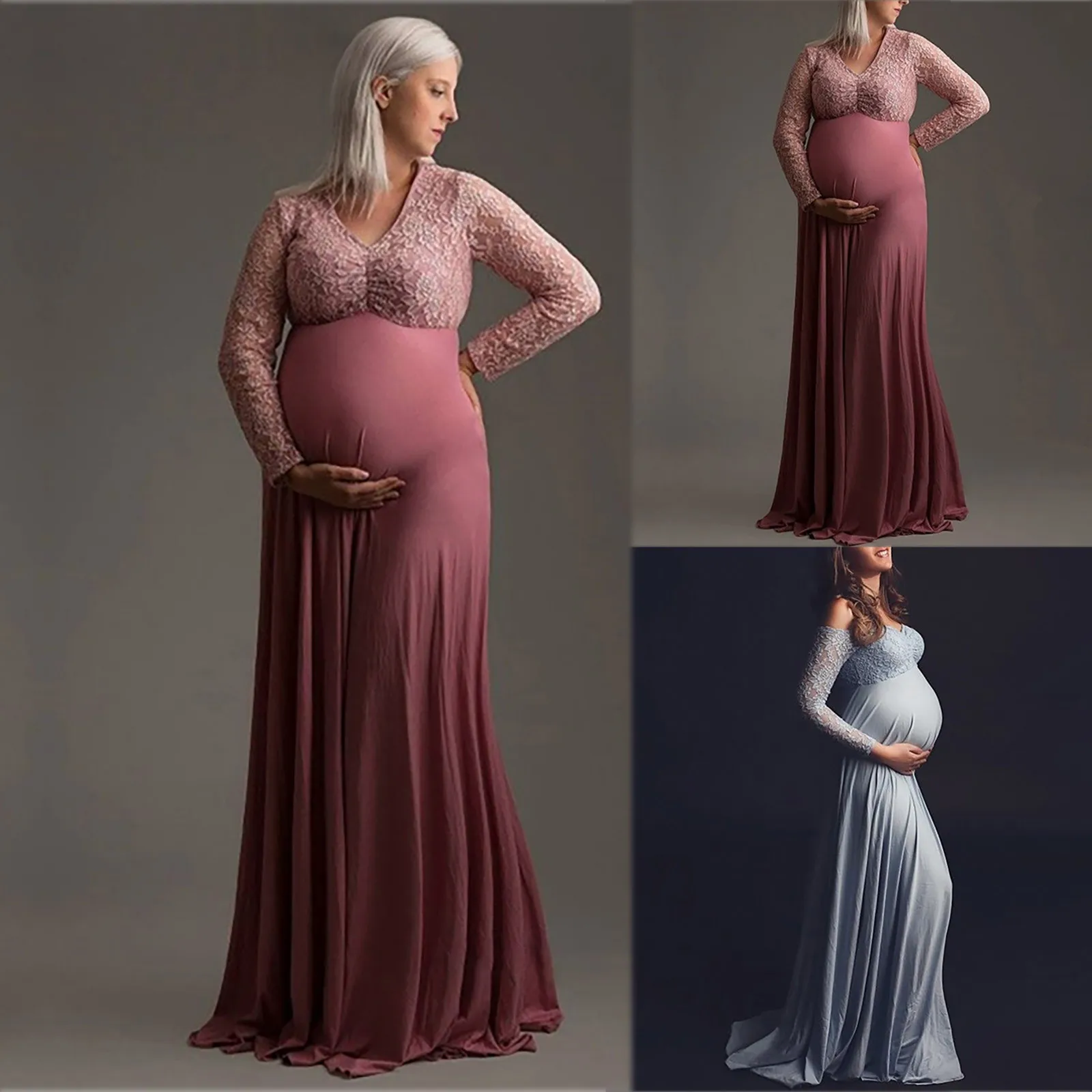 

Women Dress V-neck Lace Stitching Pregnants Photography Props Long Maternity Dress Платье Для Беременных Sukienki Ciążowe