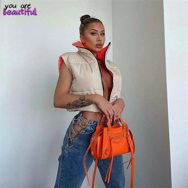 

Однотонная безрукавка с воротником «хомут», двусторонняя пуховая куртка, женский жилет, мягкая Толстая куртка на молнии, повседневная майк...