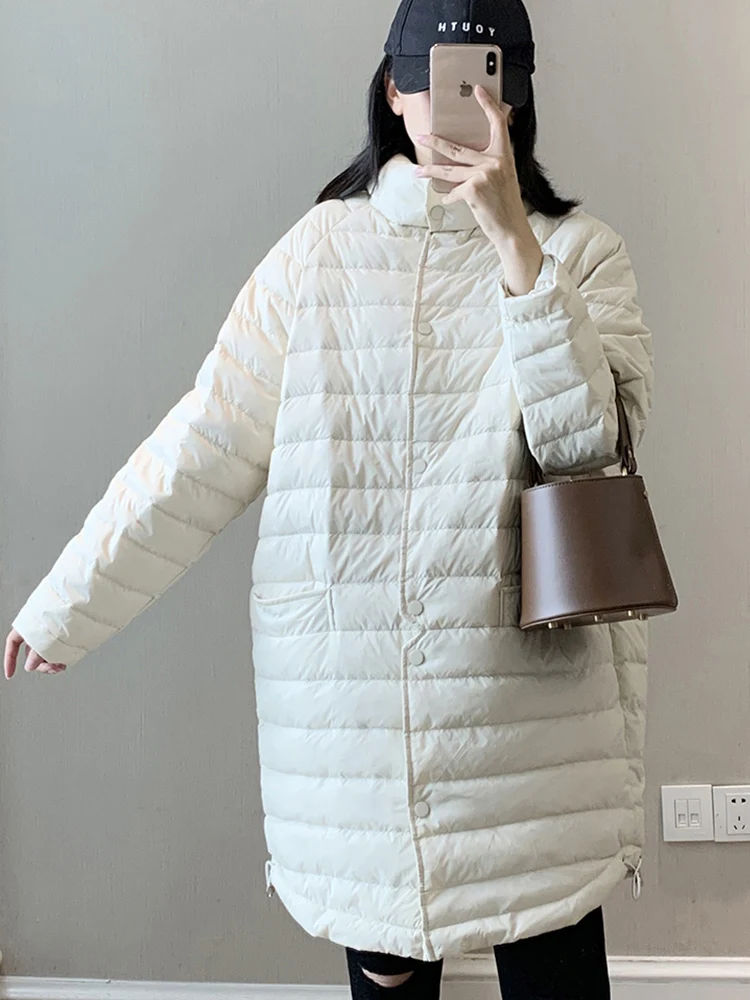 

Женская длинная куртка на утином пуху, Повседневная легсветильник теплая парка свободного покроя, шикарная верхняя одежда, 2022