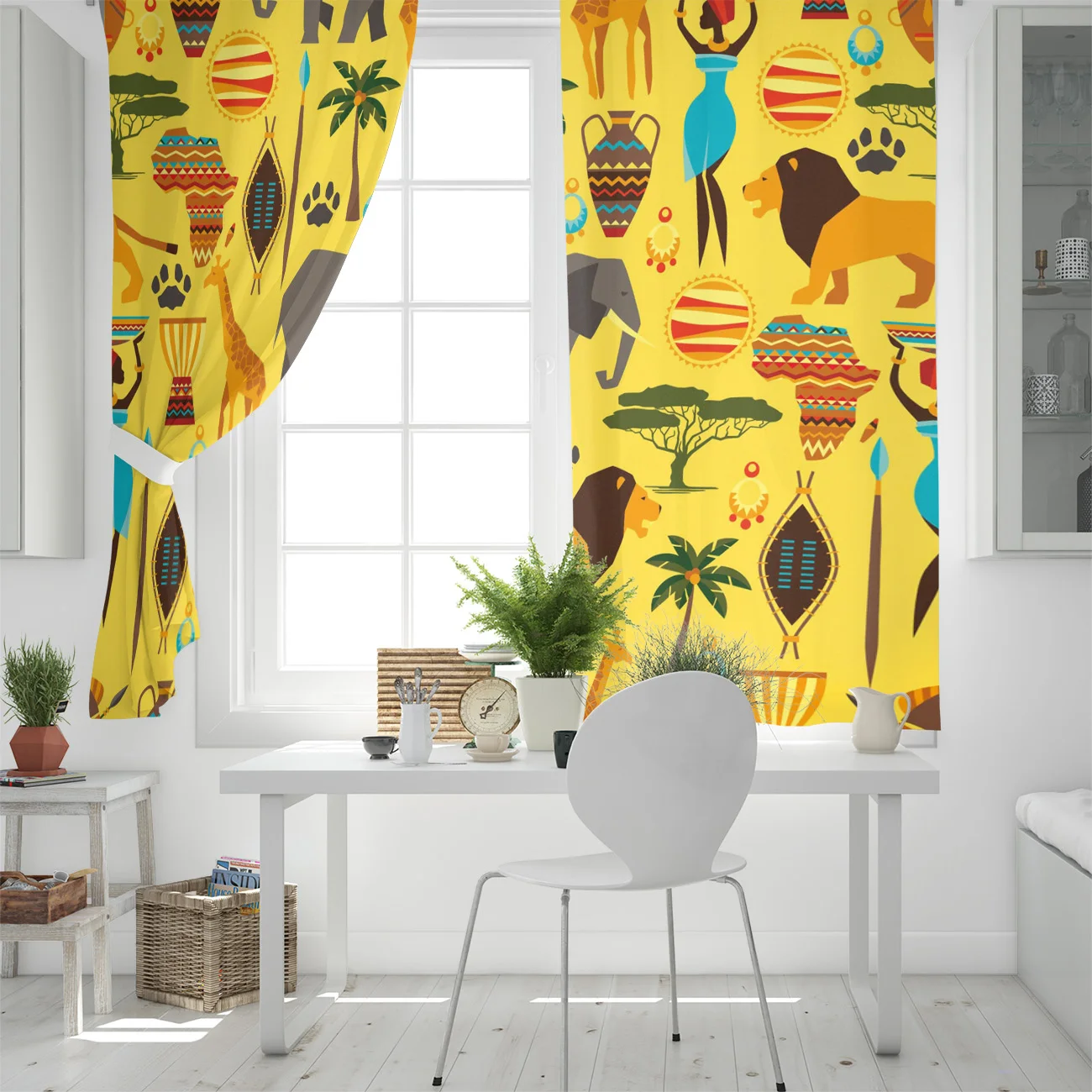 Желтые оконные шторы с иллюстрациями животных слона льва жирафа занавески для