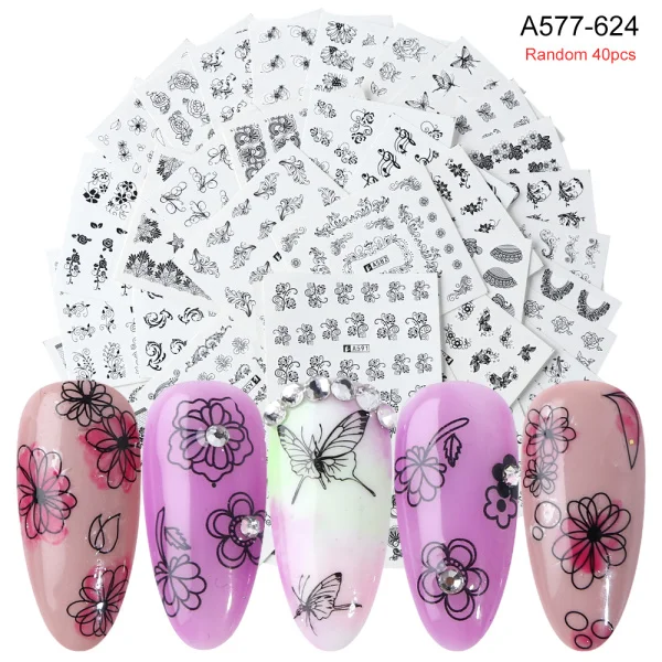 A577-624 40Pcs Набор наклеек для ногтей переводные наклейки для воды смешанный дизайн цветок животное слайдер для маникюра ногтей украшение татуировки Советы LA830 - Цвет: A577-624 40Pcs