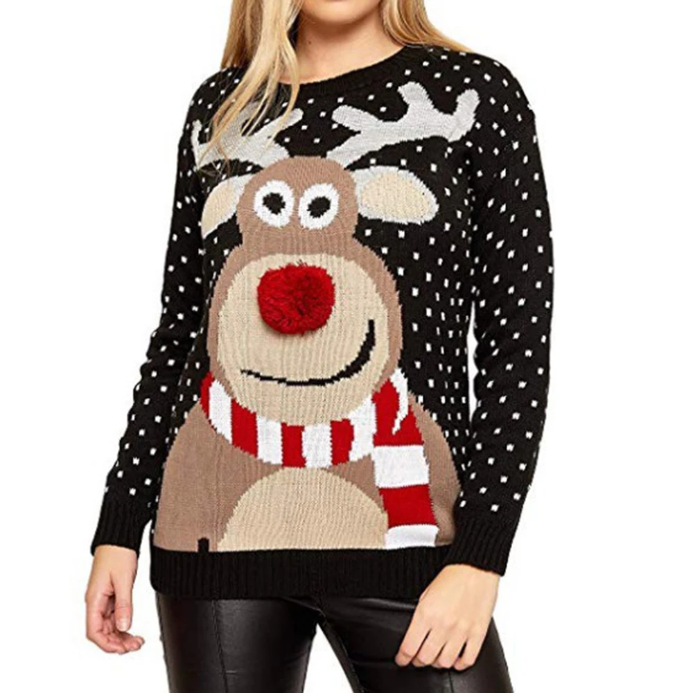Рождественский женский свитер с рождественским оленем теплый вязаный красный