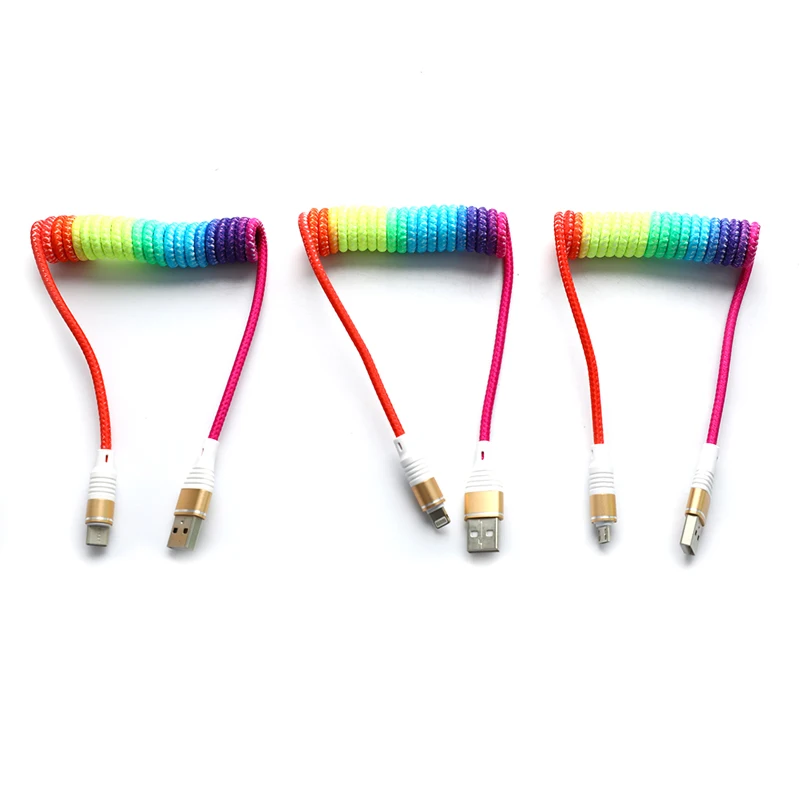 

Spring Cable Rainbow Retractable Fast Charging Cable Data Cable Micro USB Flexible Elastic Stretch Charger Cable