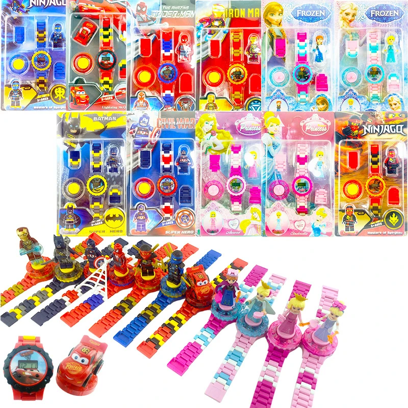 Вращающиеся строительные блочные часы Человек-паук Железный человек Марвел