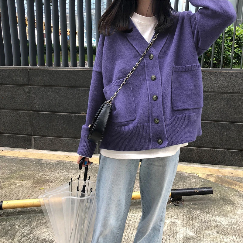 Кардиган куртка Женский вязаный свитер с длинным рукавом свободная модная