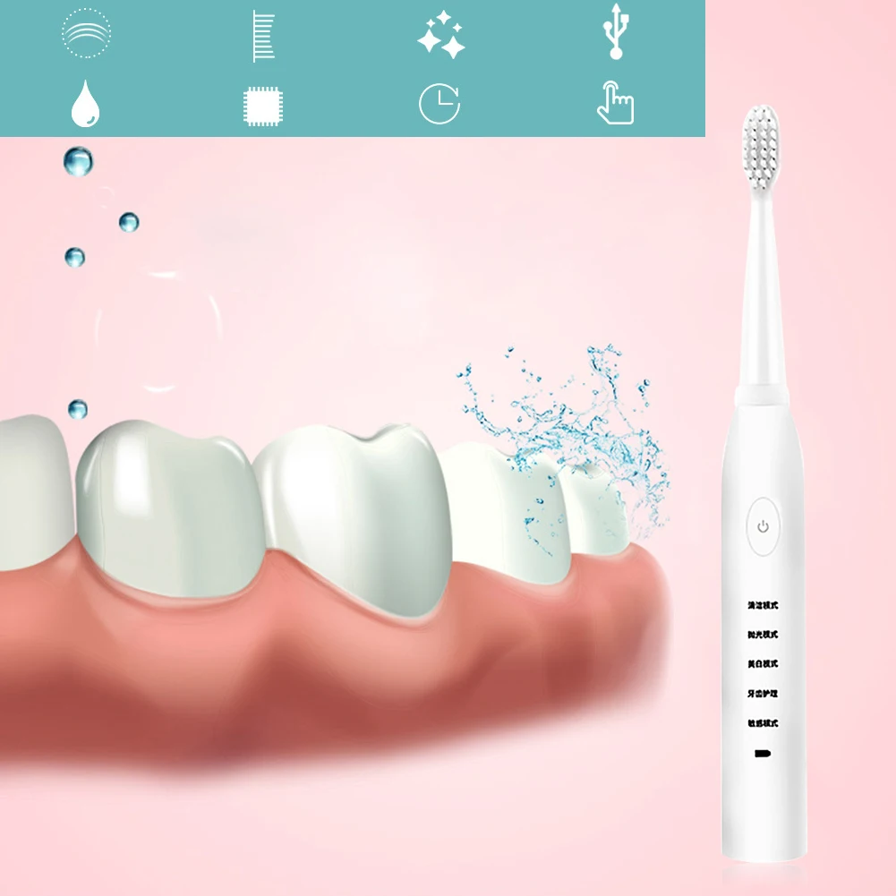 

IPX7 Waterproof Smart Ultrasonic Electric Toothbrush USB Charging Teeth Brush Smart Timer Rechargeable Whitening Toothbrush