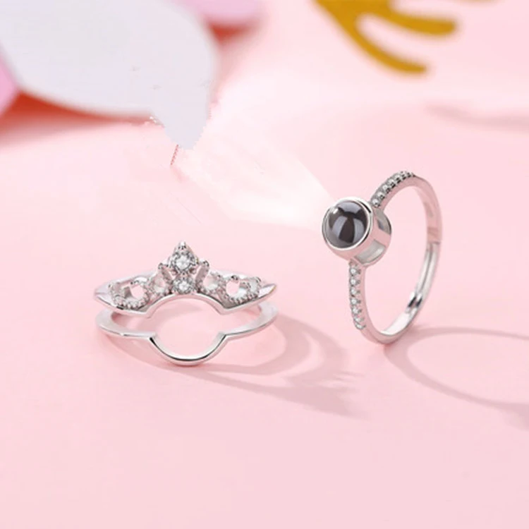 Amxiu Two Pieces 100 languages I love you Projection Ring 925 Silver Adjustable Crown Zircon Rings Open For Women | Украшения и