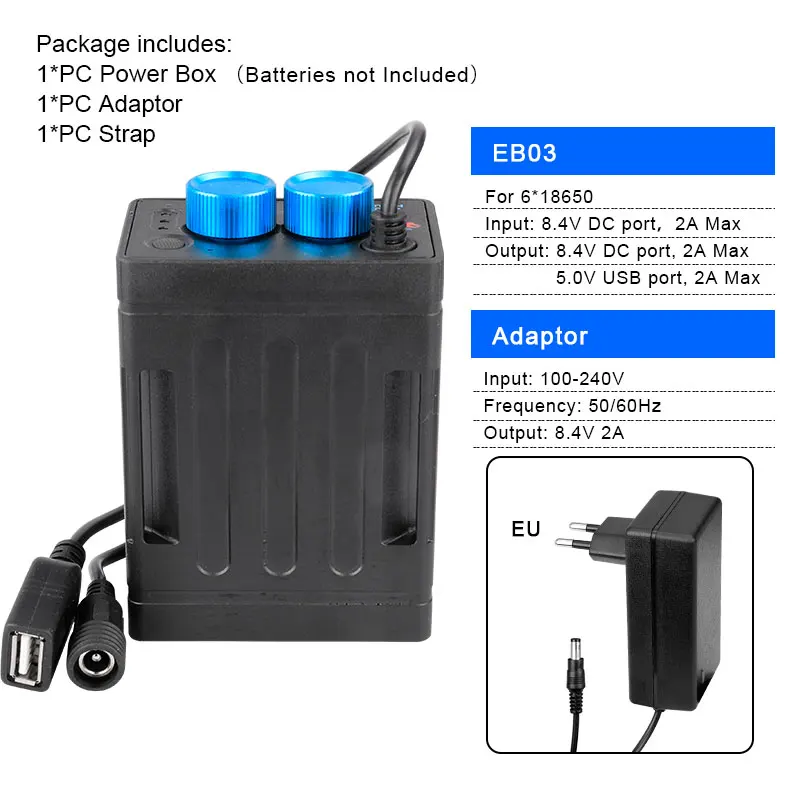 EB03 N EU Adaptor Комплект велосипедных ламп Батарея коробка 8,4 V 5V двойной Напряжение Выход для 2/4/6 18650/26650 Батарея W/ремень Дополнительный 100-240V адаптер настрящая огонь - Цвет: EB03 N EU Adaptor