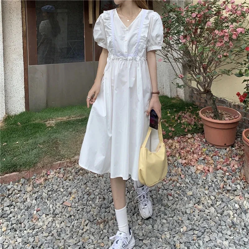

Vintage French V-neck Puff Sleeve Women Dress Korean Style Buttons High Waist Preppy Style Midi Dress Fashion Slim Women Dresses