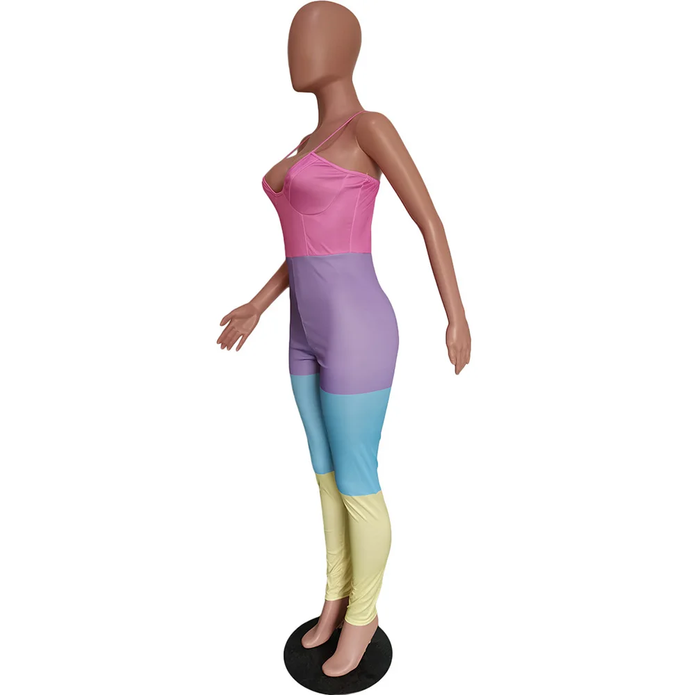 

Bonnie Forest Sporty Color Block Sexy Jumpsuits Rompers Summer Casual Sleeveless Straps Jumpsuits Party Club Overalls Wholesale