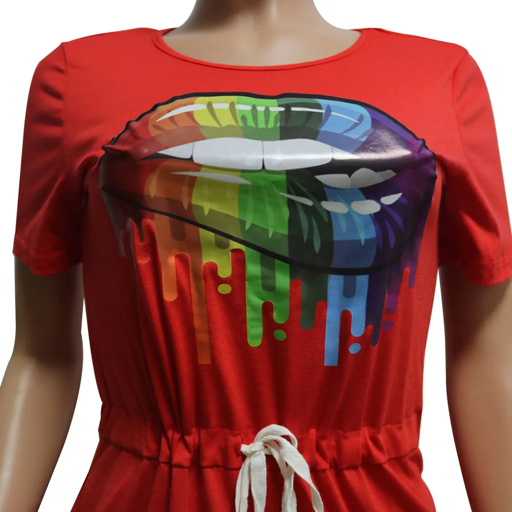 SEBOWEL женское летнее Повседневное платье с коротким рукавом и рисунком губ