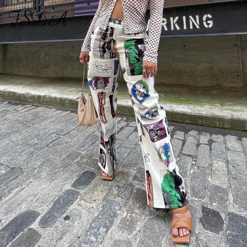 

Широкие брюки FSDA 2021 с винтажным принтом, Женские Длинные повседневные осенне-зимние свободные модные брюки с высокой талией