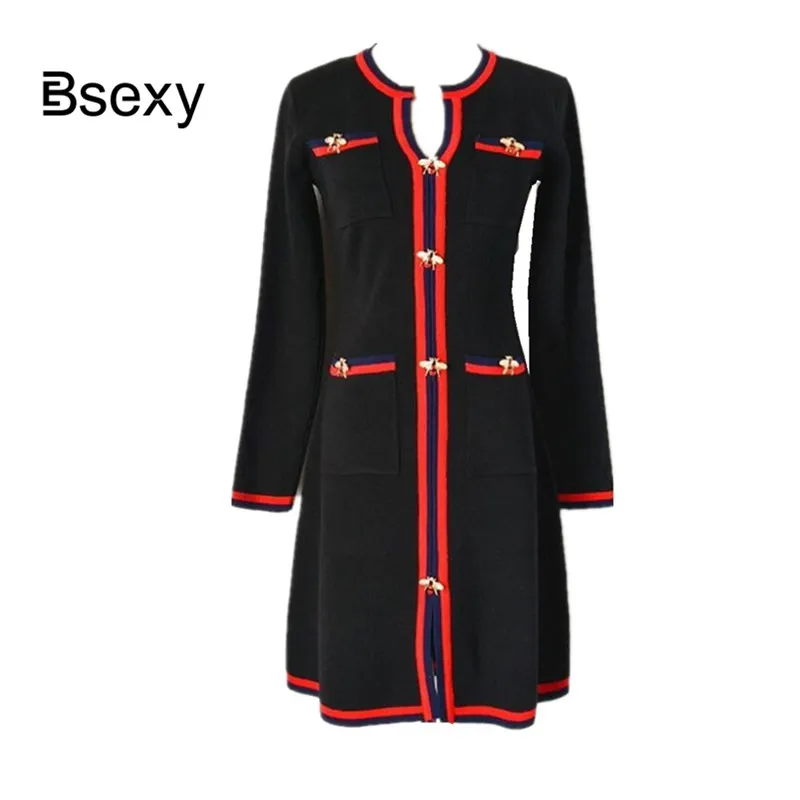 Вязанное платье для подиума 2019 летнее элегантное офисное с длинными рукавами