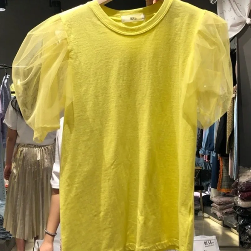 

2021 New Graphic T Shirts Mesh Puff Short Sleeve Women Tees Korean Spring Summer Causal O-neck Chic Tops Shirt