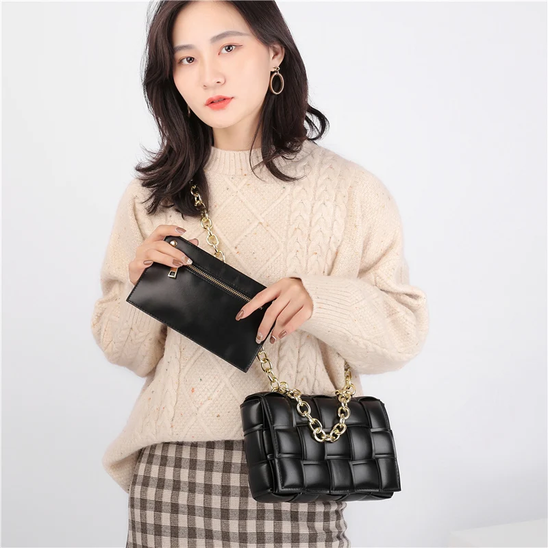 

Luxury Metal Chain Woven Shoulder Bag for Women Fashion Ladies Crossbody Bags High Quality PU Leather Handbags Small Square Bag