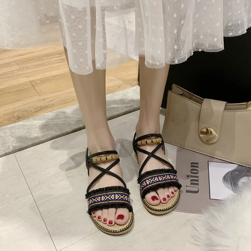 

Fashion Womens Shoes 2021 Open Toe Female Sandal Clear Heels Luxury Peep Girls Low Beige Comfort Flat Sweet PU Ethnic Casual Sca