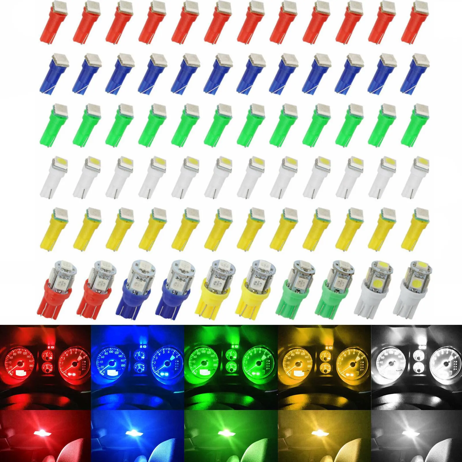 

70Pcs Car T5+T10 5050-SMD LED Instrument Panel Cluster Dash Light Bulb Indicator Green/Red/White/Blue/Yellow