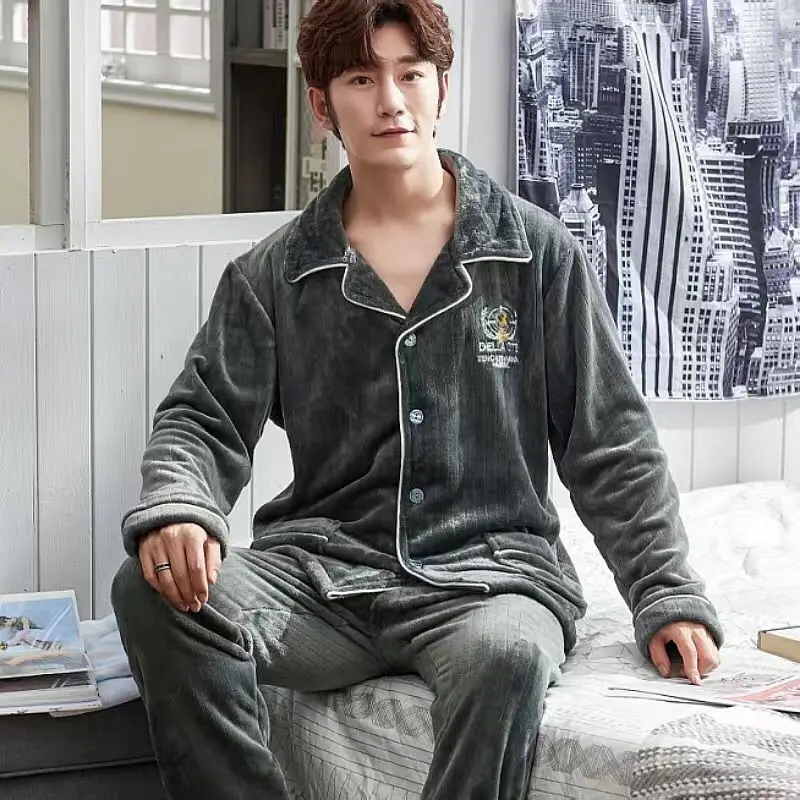 2 Pieces Winter Man Thicken Warm Soft Pajamas Female Flannel Pajamas Set Mujer Long Sleeve Sleepwear for Man Male Pyjamas