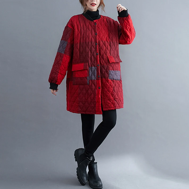 

Autumn winter clothing 2021 new casual retro straight cotton jacket women loose large size mid-length plaid Thicken cotton coat