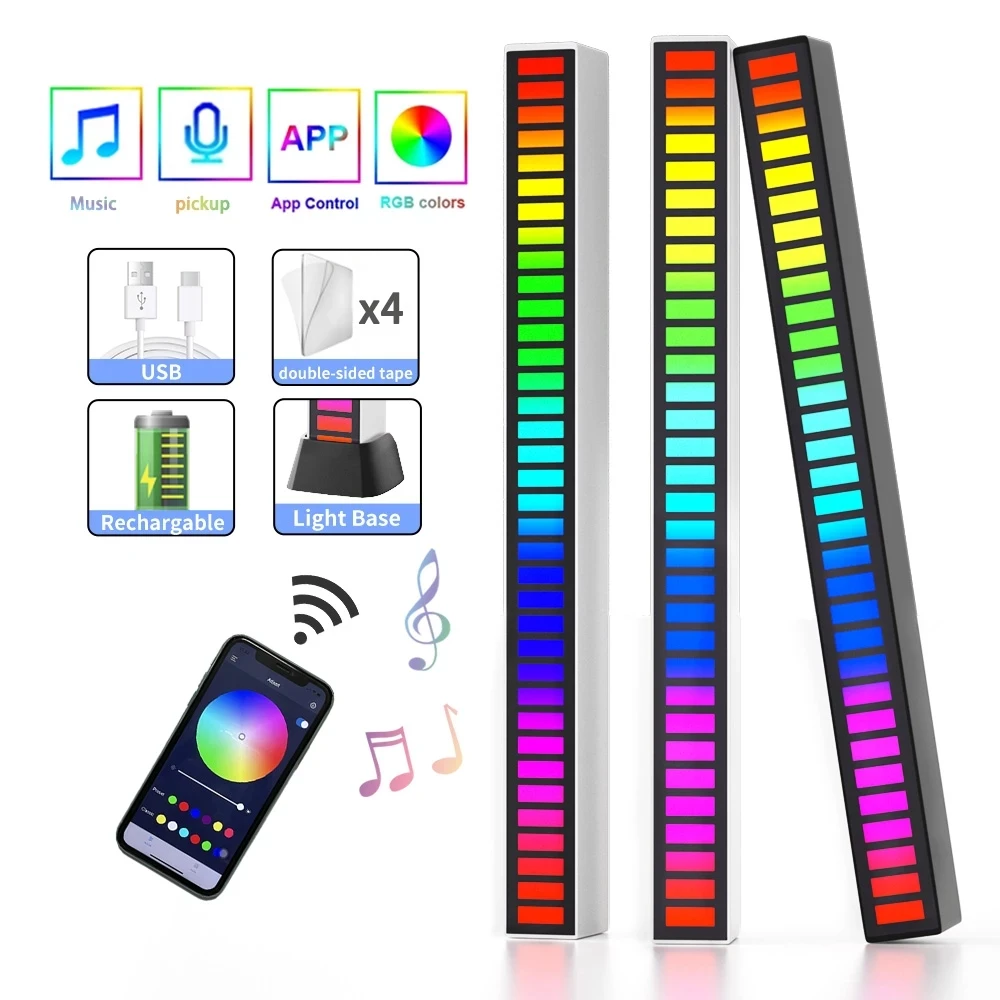 

RGB LED Light Bar Music Sound Control Pickup USB Rechargeable Mobile Phone APP Car Rhythm Atmosphere Light Car Decoration