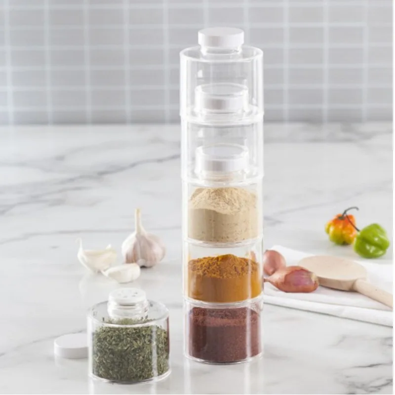 

6Pcs Tower Seasoning Jars Plastic Transparent Canister Set Stackable Spice Storage Box Salt Pepper Shaker for Practical Kitchen