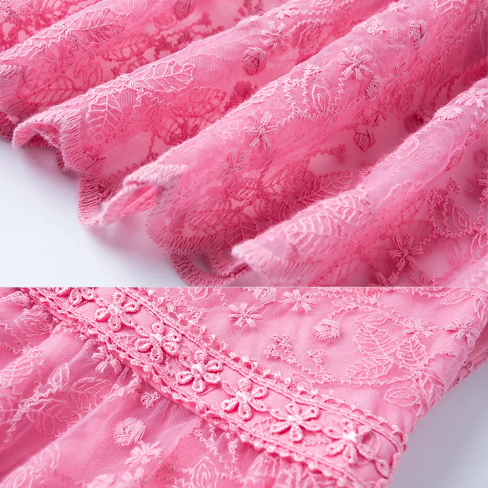 

Fashion Runway Summer Midi Dress Women Cool Shoulder Ruffles Gorgeous Pink Lace Flower Elegant Party Long Vestidos N69966