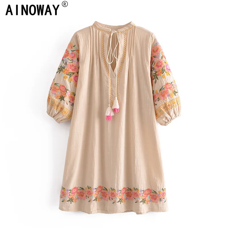 Винтажное шикарное женское пляжное платье с цветочной вышивкой и длинными