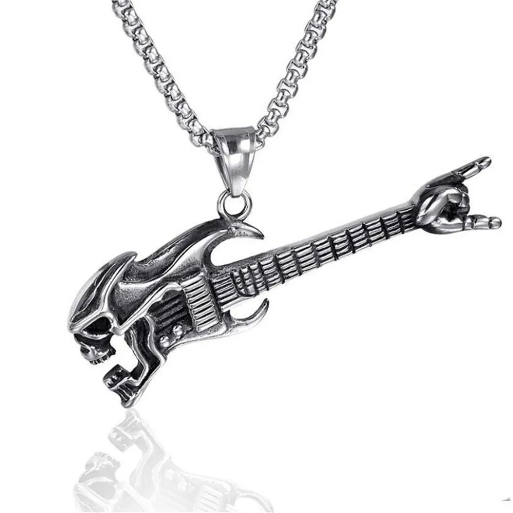 

Fashion Domineering Skull Head Guitar Gesture Men's Necklace Retro Music Hip Hop Pendant Jewelry Accessories Gift Wholesale