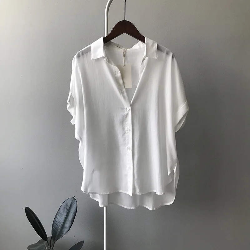 

Summer Office Lady Solid Tops and Blouses Casual Turn-drow Collar Shirt for Women Elegant Short Sleeve Loose Blouse womans tops