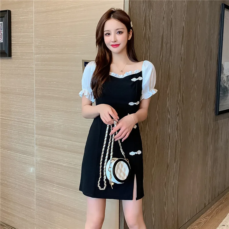 

COIGARSAM Cheongsam Short Sleeve Women one-piece dress korean New Summer Dresses Black 9525