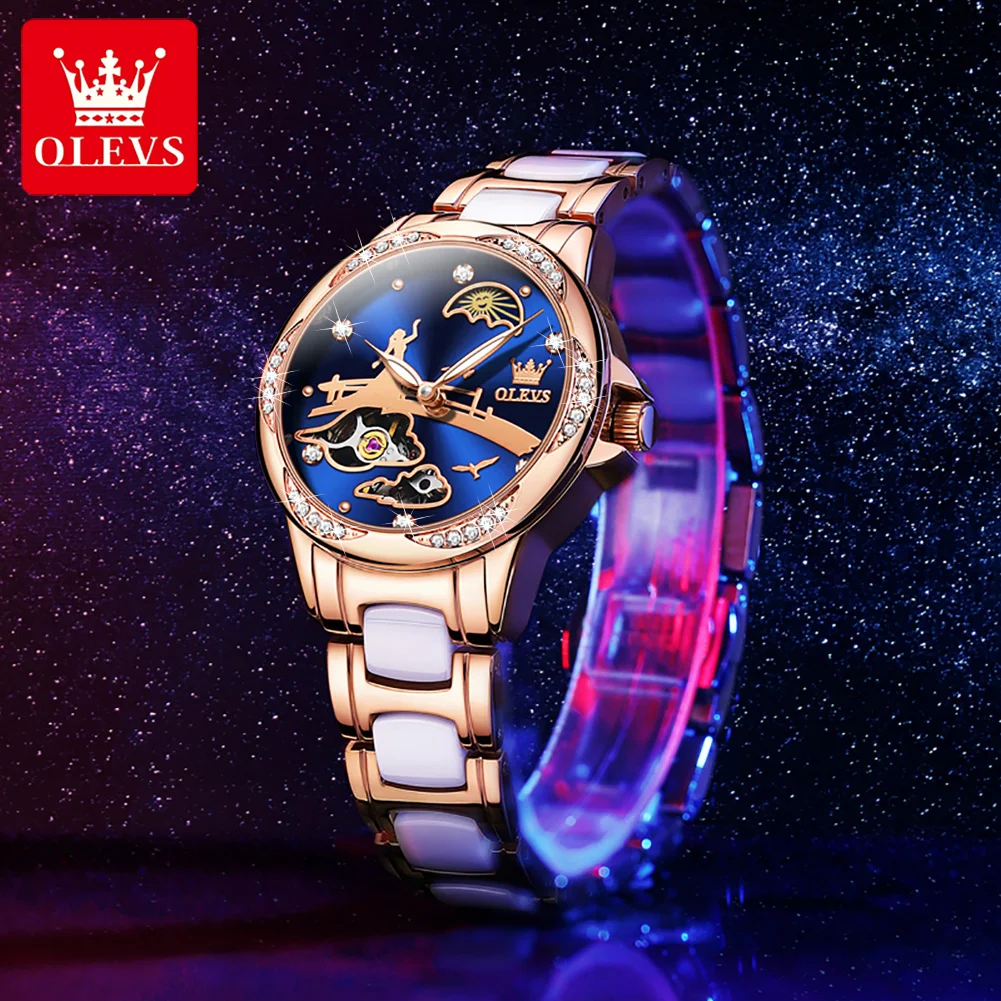 Enlarge OLEVS Luxury Watch For Women Automatic Wind Up Ceramics Strap Moon phase 30M Waterproof Mechanical Wrist Watch  Reloj de damas