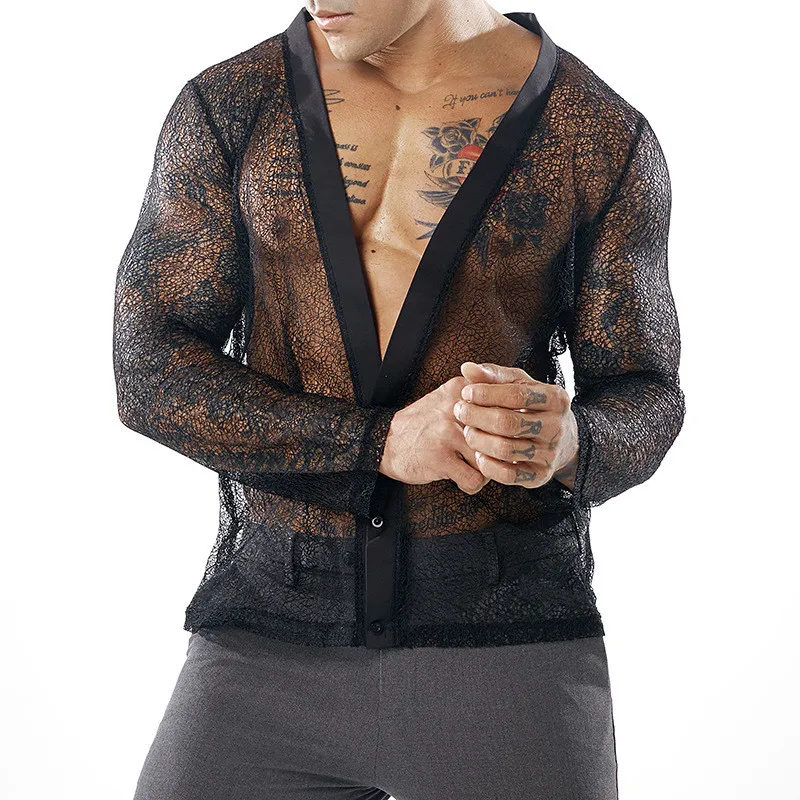 

2020 New Men Lace Shirts Long Sleeve Floral Embroidery Sexy Transparent Shirts Dress For Male Club Party Men DJ Stage Clothing