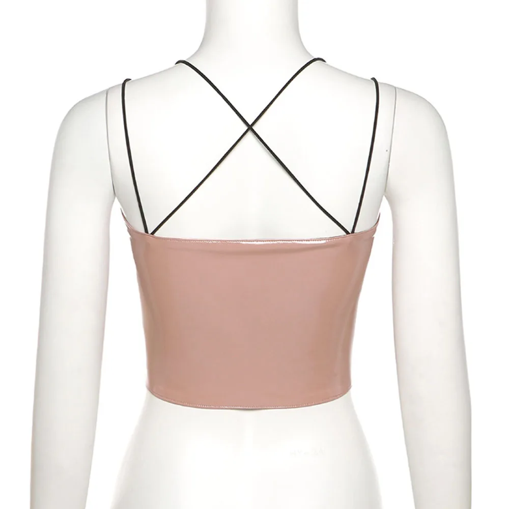 

2021 Hollow Sling Sexy Wrapped Chest Strap Pu Tank Top Summer New Fashion Bandage Hipster Solid Color