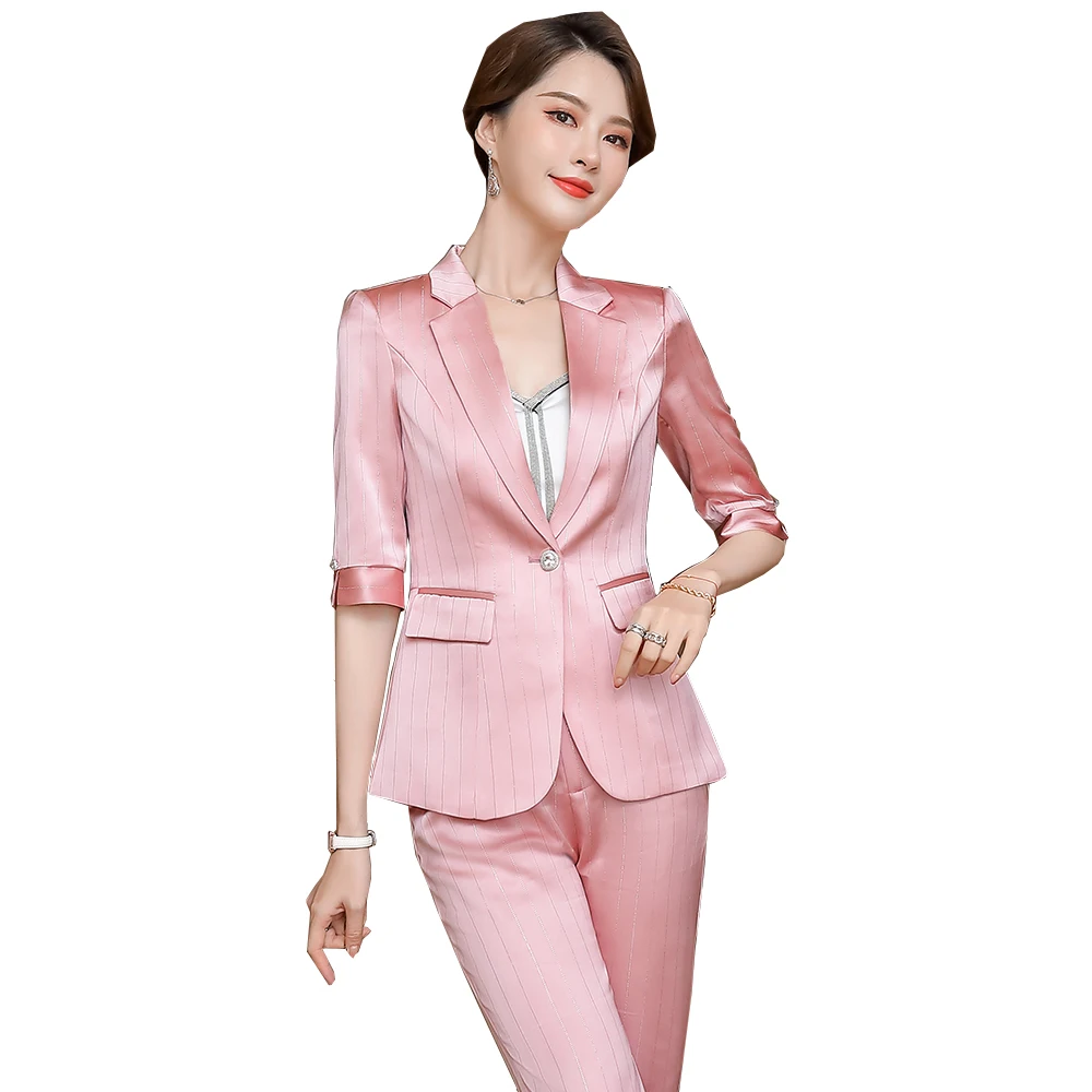 

Women Summer Spring Pant Suit Ladies Pink Blue Champagne Stripe Formal Work 2 Pieces Set