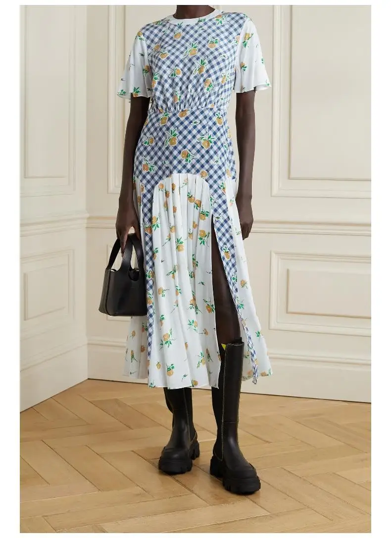 

2021 Summer Women Midi Dress Plaid Floral Printed O-Neck Short Sleeve Sweet Mid-Calf Ladies Split Long Robe for Holiday